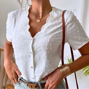 Scalloped trim Swiss dot white blouse